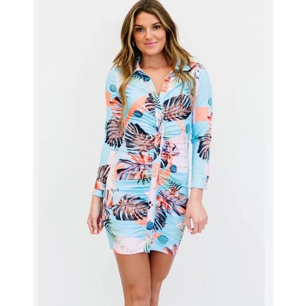 Miss Avenue Fields Of Blue Paradise Mini Button Down Long Sleeve Dress Size M